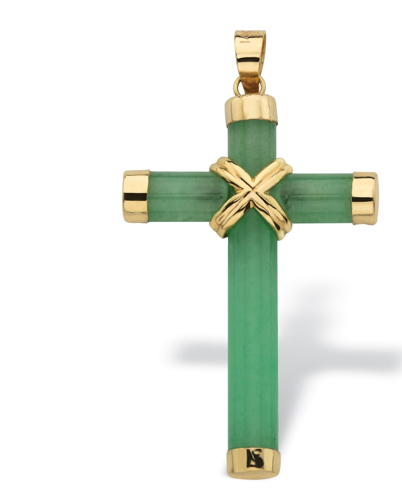 Front of a size One Size 10k Yellow Gold and Genuine Green Jade and Cross Pendant 1.5" in Green by PalmBeach Jewelry. | dia_product_style_image_id:286542